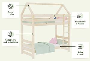 Domečková patrová postel ALPY se žebříkem 90x200 cm - Transparentní lazura, Zvolte šuplík: Bez šuplíku, Bez spodní zábrany