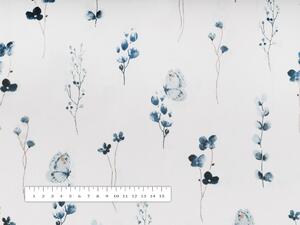 Bavlněná látka/plátno Sandra SA-398 Modré kvítí s motýlky - šířka 160 cm