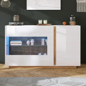 Bílá komoda s lesklým povrchem, vyrobená z laminované dřevotřísky s prosklenými prvky, s dřevěnou podnoží, moderní design