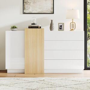 Bílý komoda, skříň do jídelny, minimalistický design, barva dřeva