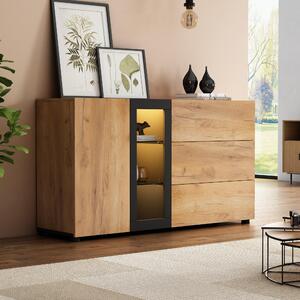 Komoda, moderní servírovací nábytek, 3 zásuvky + skleněné prvky, šířka 140 cm