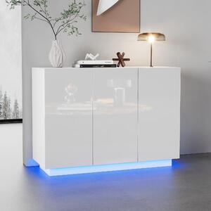Bílá, lesklá komoda, kombinace otevřených a uzavřených prostor, podsvícení LED, moderní design