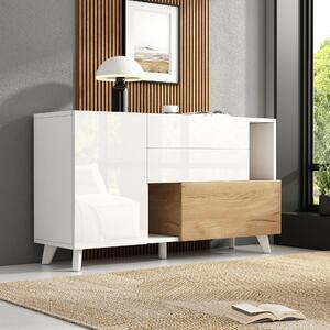 Bílá komoda s vysokým leskem, vzhled dřeva, velký úložný prostor, moderní design