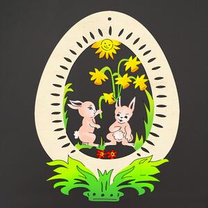 AMADEA Dřevěná dekorace vajíčko zajíci s květinami, velikost 17,5 cm, český výrobek