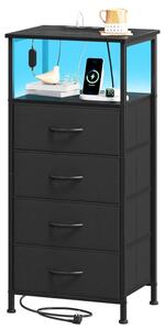 Komoda se zásuvkami a nabíjecí funkcí, s LED osvětlením, zásuvkou, 4 látkovými zásuvkami, černá barva, 30T x 40B x 86,5H
