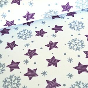 Vánoční látka na ubrusy - Hvězdičky a vločky – bílo/fialová 160