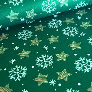 Vánoční látka na ubrusy - Hvězdičky a vločky – zelená 160