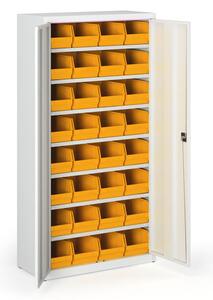 Skříň s plastovými boxy BASIC - 1800 x 400 x 920 mm, 32xC, šedá/šedé dveře