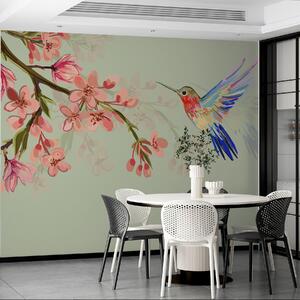 Fototapety větev s růžovými květy a jasný pták, Fototapety akvarel, w00693 : uwalls.cz