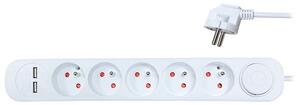 SOLIGHT Prodlužovací přívod, 5 zásuvek, USB 2.4A, bílý, 3 x 1mm2, vypínač, 2m
