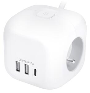 SOLIGHT Prodlužovací přívod - kostka 3z + USB A+C , kabel 2m, 3 x 1mm2, bílý, vypínač