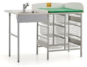 AJ Produkty Přebalovací pult NEIL, 6 drátěných košů, 1400 mm, s umyvadlem vlevo