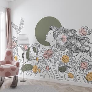 Fototapety Žena v přírodě, perokresba, lotosové květy, velké listy, létající ptáci, pastelové barvy, Fototapety květiny, w07988v6 : uwalls.cz