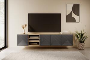 Závěsná TV skříňka Asha 200 cm s drážkovaným čelem a výklenkem - dub artisan / rivier stone mat