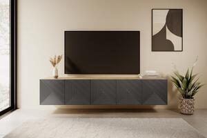 Závěsná TV skříňka Asha 200 cm s drážkovanými dvířky - dub artisan / rivier stone mat