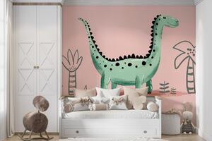 Fototapeta Kreslený dinosaurus s rostlinami a listy, Fototapety s dinosaury, Populární fototapety, w01357 - Tapeko.co.cz