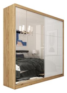 Posuvná šatní skříň KUREZ se zrcadlem, 180x216x61, dub artisan/bílá