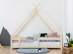 Dětská domečková postel TAHUKA ve tvaru týpí s bezpečnostní zábranou - Nelakovaná, 90x160 cm