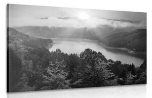 Obraz řeka uprosted lesa v černobílém provedení - 90x60 cm