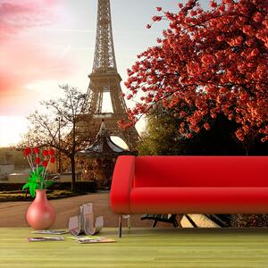 Sablio Tapeta Eiffelova věž a červený strom - 125x75 cm