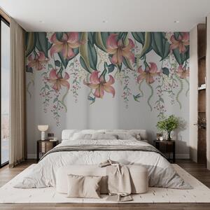 Fototapety Jemný botanický motiv se zavěšenými liliemi, květinami a kolibříky na světlé, Fototapety 3D, Fototapety 3d květiny, w01523v1 : uwalls.cz