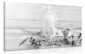 Obraz třešňová větvička a lucerničky v černobílém provedení - 120x80 cm