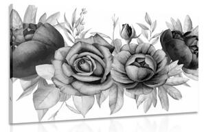 Obraz okouzlující kombinace květů a listů v černobílém provedení - 90x60 cm