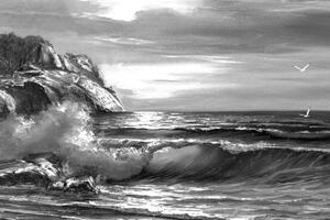 Obraz ráno na moři v černobílém provedení - 60x40 cm