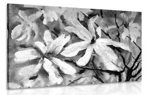 Obraz rozkvetlý akvarelový strom v černobílém provedení - 120x80 cm