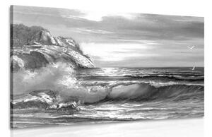 Obraz ráno na moři v černobílém provedení - 60x40 cm