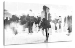 Obraz siluety lidí ve velkoměstě v černobílém provedení - 90x60 cm