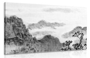 Obraz tradiční čínská malba krajiny v černobílém provedení - 90x60 cm