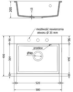Mexen Oscar, 1-komorový granitový dřez 580x490x205 mm, bílá, 6519581000-20