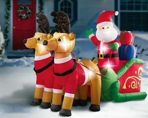 German LED nafukovací vánoční dekorace Santa Claus se soby / 12 W / výška 140 cm / venkovní i vnitřní / teplá bílá