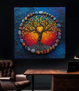 Obraz na plátně - Strom života Sluneční srdce s kamínky FeelHappy.cz Velikost obrazu: 40 x 40 cm