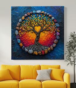 Obraz na plátně - Strom života Sluneční srdce s kamínky FeelHappy.cz Velikost obrazu: 40 x 40 cm