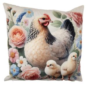 Povlak na polštář slepička s kuřátky a růžemi polyester – 45x45 cm