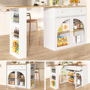 Sweiko Rozkládací barový stůl s úložným prostorem (138-204 × 39 × 104 cm), jídelní bar otočný o 360°, moderní pojízdný barový stůl, vysoký stůl kuchyňský ostrovní bistro stůl, příborník s policemi a sklem, bílý