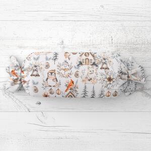 Biante Polštář válec bonbon Sandra SA-708 Zimní pohádka modro-šedo-hnědá na bílém 15x40 cm