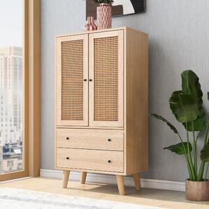Sweiko highboard, příborník s ratanovými dvířky a 2 zásuvkami, dřevěné nohy, 60*40*120cm