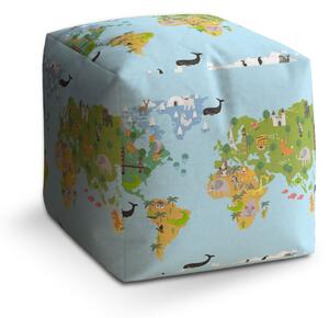 Sablio Taburet Cube Zvířecí mapa světa: 40x40x40 cm