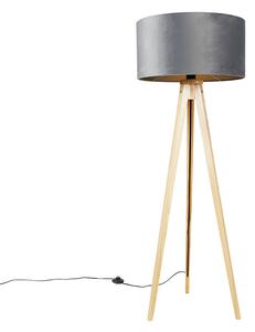 Stojací lampa dřevěná s látkovým odstínem šedá 50 cm - Tripod Classi