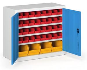 Skříň s plastovými boxy BASIC - 800 x 400 x 920 mm, 32xA/4xC, šedá/modré dveře