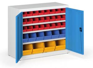 Skříň s plastovými boxy BASIC - 800 x 400 x 920 mm, 24xA/6xB/4xC, šedá/modré dveře