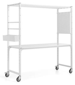 AJ Produkty Mobilní multifunkční stůl TEAMWORK, box na příslušenství, perforovaný panel, bílá/whiteboard deska