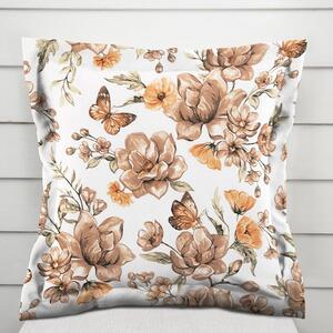 Biante Bavlněný povlak na polštář s lemem Sandra SA-458 Hnědé květy magnolie s motýlky na bílém 30 x 50 cm