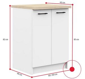 Kuchyňská skříňka dolní s pracovní deskou OLIWIA S80 2D, 80x85,5x46/60, bílá/sonoma