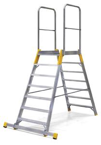 Hliníkový můstek, žebřík s plošinou, oboustranný ALVE FORTE, 2x7 příčky, výška plošiny 1,47 m