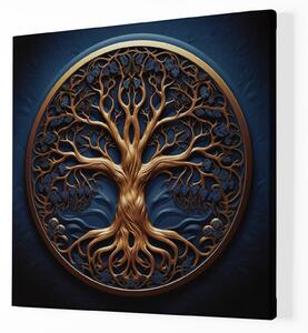 Obraz na plátně - Zlato-modrý strom života v kruhu FeelHappy.cz Velikost obrazu: 140 x 140 cm