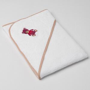 Dětská osuška Veba LOTA s kapucí bílá s výšivkou Tradiční medvídek béžová lemovka Velikost: 75x75 cm